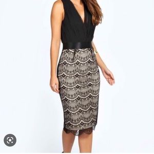 Boohoo pleated lace bodycon midi dress